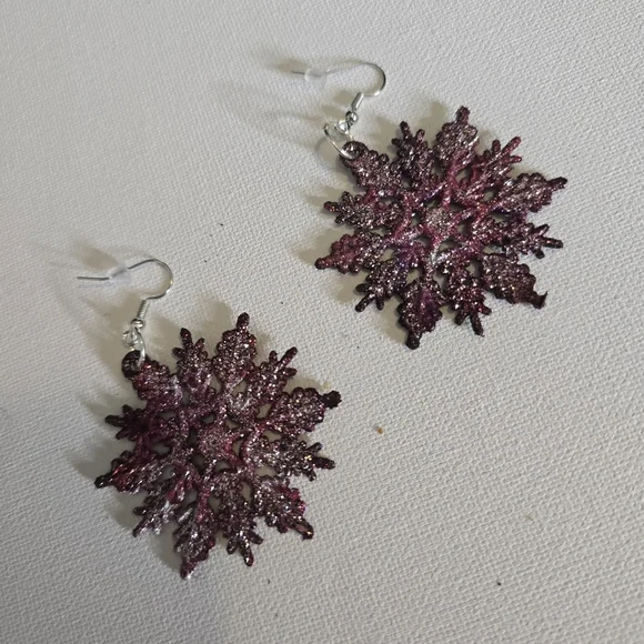 HANDCRAFTED Snowflake Earrings HANDPAINTED HANDMADE Shimmery Holiday Jewelry - Picture 3 of 11